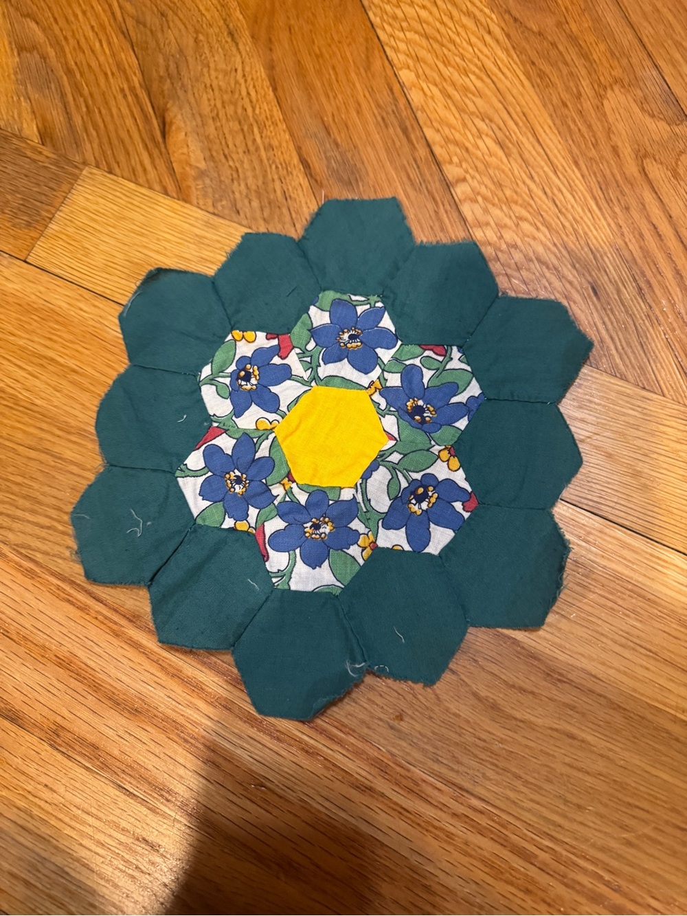 Handmade Grandmas Flower Garden Quilt Piece with Yellow Center
